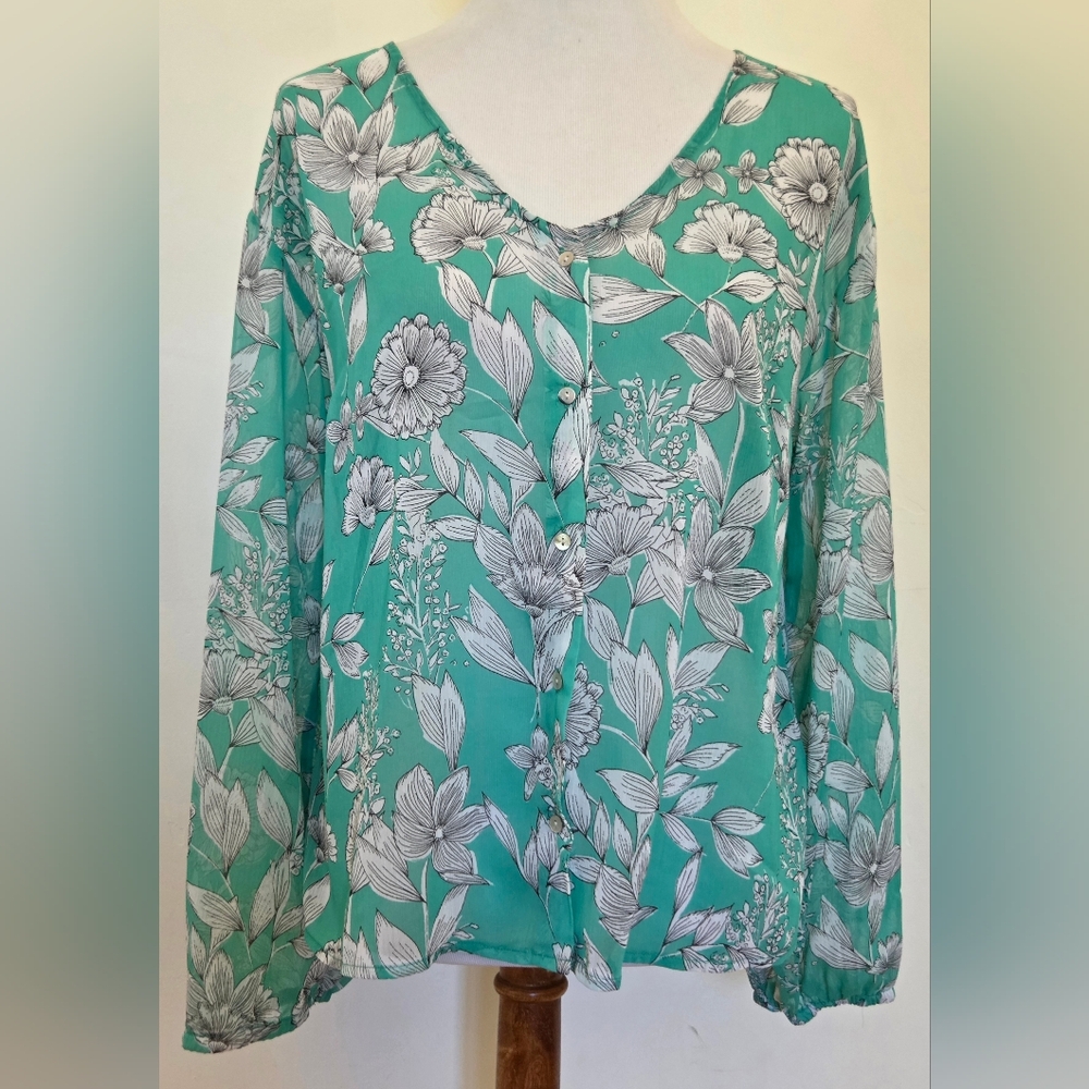 a new day Turquoise Floral Button-Up Blouse